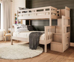 Solid wood bunk bed with stairs, storage drawers, and natural hardwood construction.
