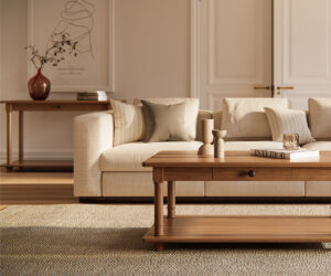 Modern wood living room furniture with sofa and coffee table