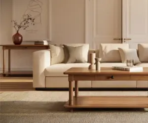 Amish living room essentials with solid wood coffee table, sofa, and end tables