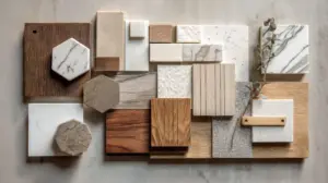 Interior design mood board with wood samples, fabrics, stone, and neutral finishes.