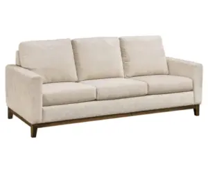 Neutral upholstered sofa with three seat cushions and a dark wood base.