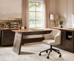 Solid wood desk anchoring a coordinated home office with built-in storage.