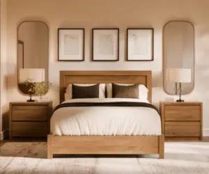 Solid wood bed and matching nightstands anchoring a warm, neutral bedroom.