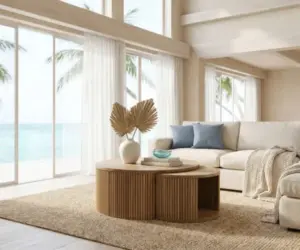 Round wood coffee table centered in a bright coastal living room.