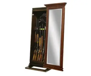 Hidden gun storage cabinet with a full-length mirror and concealed rifle compartment.