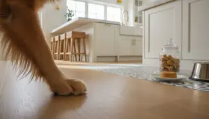 Dog paw resting on a wood floor near a food bowl in a bright kitchen.