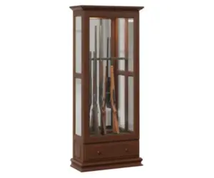 Traditional cherry wood gun cabinet with glass doors and secure vertical rifle storage.