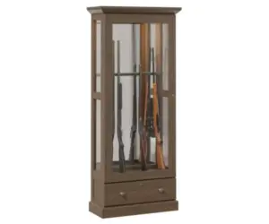 Tall gray wood gun cabinet with glass panels, rifle storage, and two lower drawers.