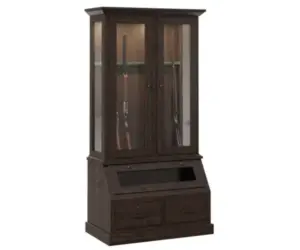 Dark wood gun cabinet with glass display doors, rifle storage, and a slanted lower display compartment.