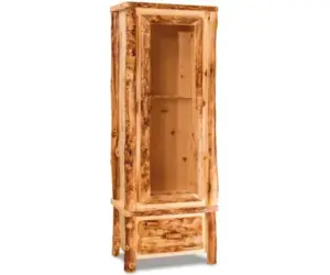 Rustic live-edge wood gun cabinet with a natural finish and enclosed lower compartment.