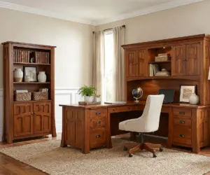 Mission-style solid wood desk with hutch, bookcase, and upholstered office chair.