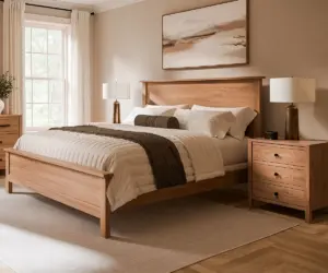 Solid wood bed and matching nightstands in a warm neutral bedroom.