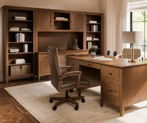 Solid wood executive desk with matching bookcases, cabinets, and office chair.