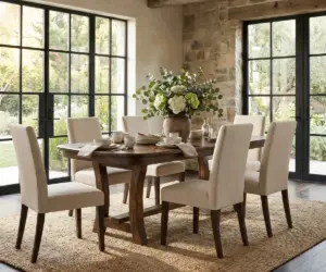 Solid wood dining table with upholstered chairs in a stone-walled dining room.
